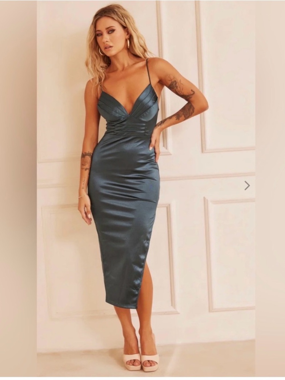 NWT Teal Satin Slip Midi Dress with Spaghetti Straps
